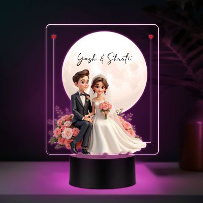 Personalized Wedding Couple LED Night Light with Moon and Roses, Color Changing Acrylic Lamp with Black Base Wedding Gift for Friends Customized Gifts for Couple